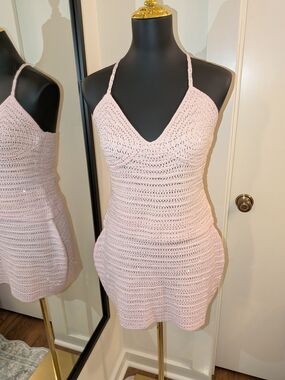 Light Pink Crochet 2 Pc Top + Skirt Set Mirrored Shine L Top XL Bottom